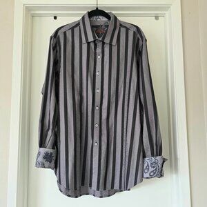 Robert Graham Shirt Mens XL Striped Long Sleeve Gray Black Paisley Flip Cuff
